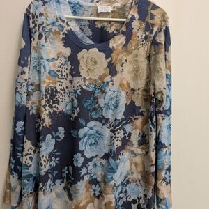 Time and Tru Blue and Cream Floral Blouse